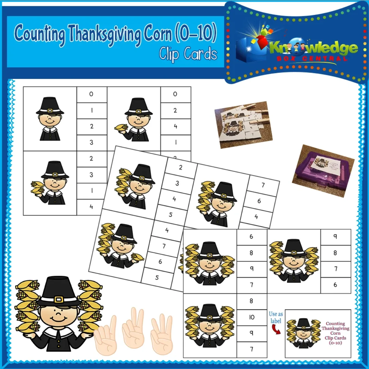 An educational teaching resource from Knowledge Box Central entitled Counting Thanksgiving Corn Clip Cards (0 - 10) - EBOOK downloadable at Teach Simple.