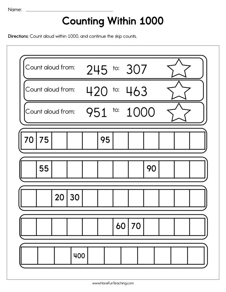 An educational teaching resource from Have Fun Teaching entitled Counting within 1000 Worksheet downloadable at Teach Simple.