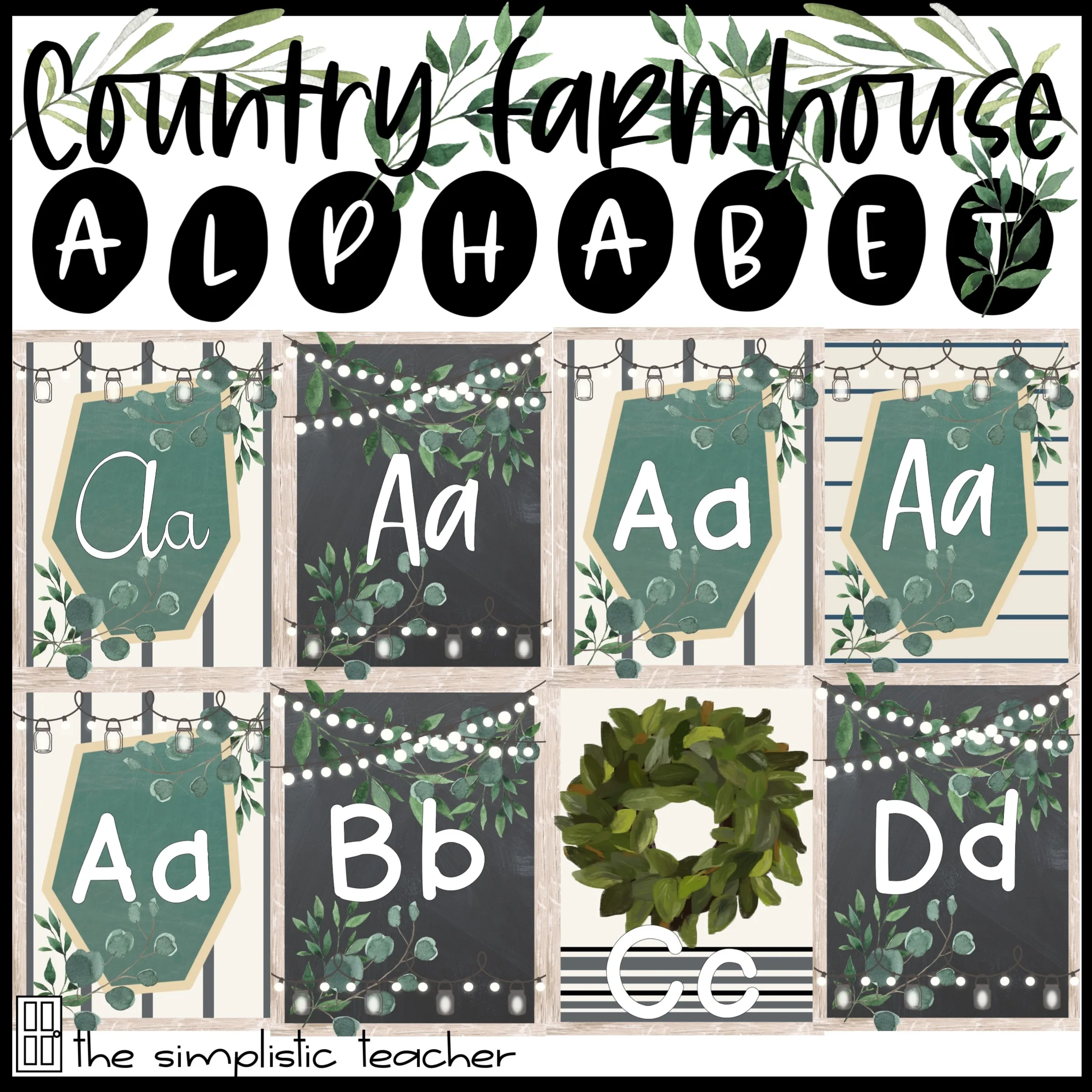 An educational teaching resource from The Simplistic Teacher entitled Country Farmhouse Classroom Decor Alphabet downloadable at Teach Simple.