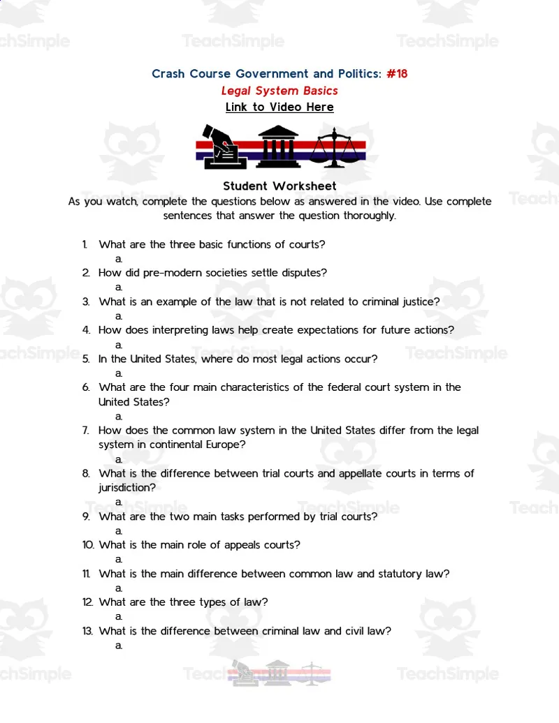 An educational teaching resource from Active Social Studies entitled Crash Course Government Episode Worksheet | 18 - Legal System Basics downloadable at Teach Simple.