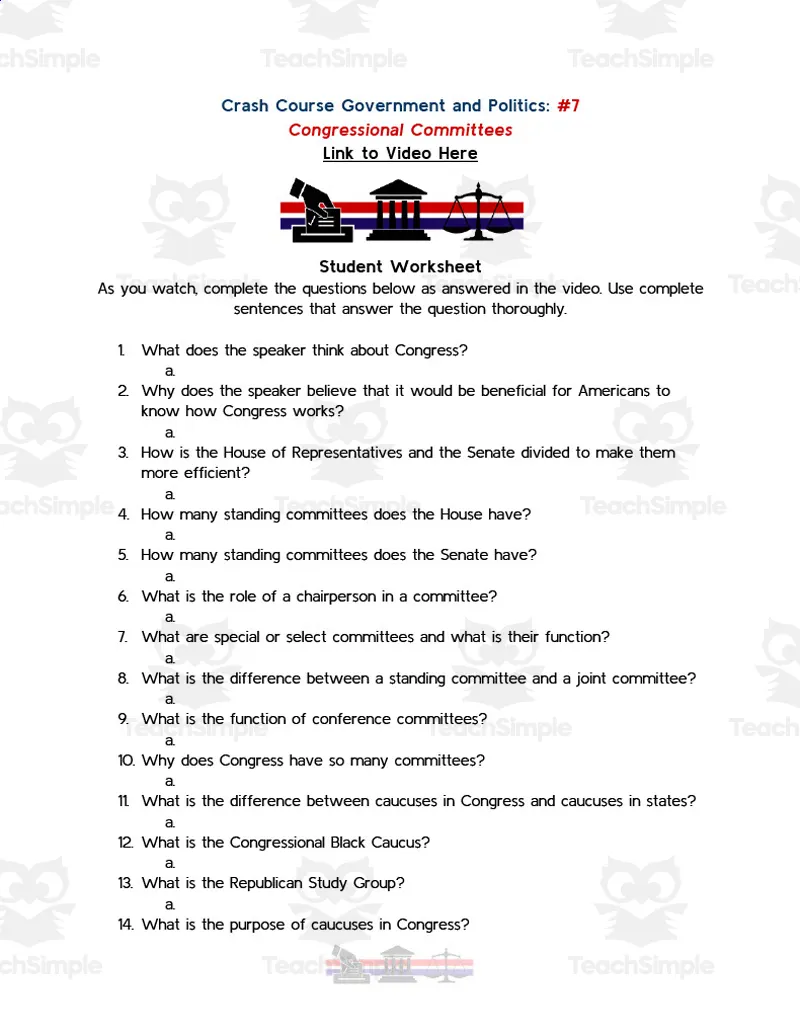 An educational teaching resource from Active Social Studies entitled Crash Course Government Episode Worksheet | 7 - Congressional Committees downloadable at Teach Simple.