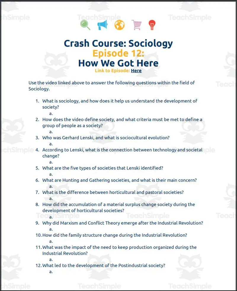 Crash Course Sociology 12 How We Got Here Student Worksheet by Teach