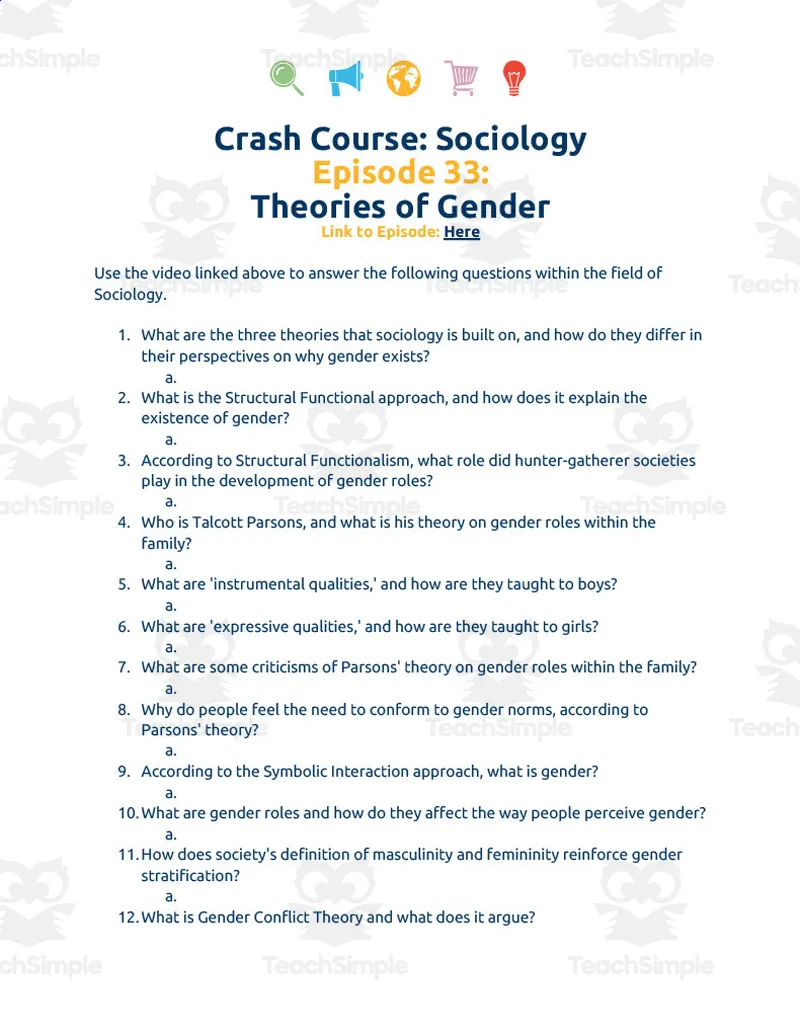 Crash Course Sociology Episode Worksheet 33 Theories of Gender by