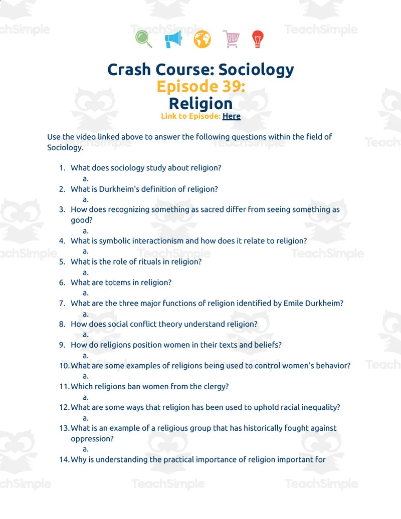 An educational teaching resource from Active Social Studies entitled Crash Course Sociology Episode Worksheet | 39 - Religion downloadable at Teach Simple.