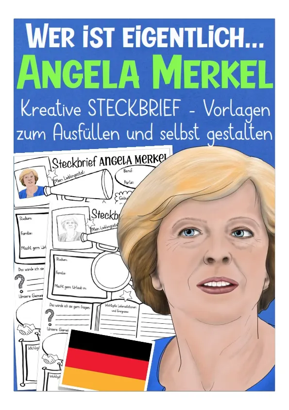 An educational teaching resource from Better Teaching Resources entitled Creative Fact File Worksheets: Who is Angela Merkel (German Version) downloadable at Teach Simple.