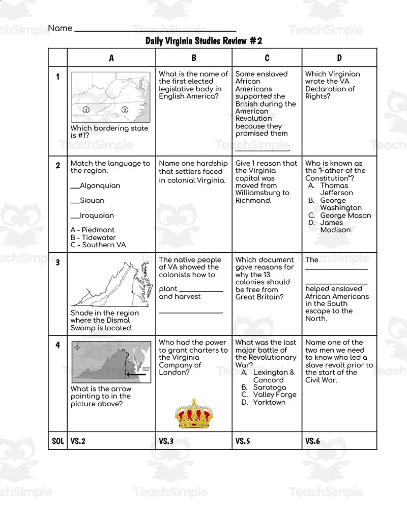 An educational teaching resource from History with DeLong entitled Daily Virginia Studies Review #2 (SOLs 2, 3, 5, and 6) downloadable at Teach Simple.