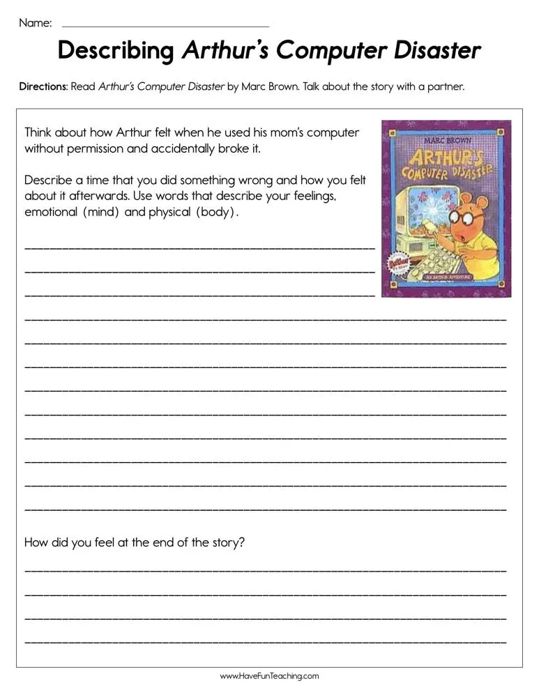 An educational teaching resource from Have Fun Teaching entitled Describing Arthur's Computer Disaster Worksheet downloadable at Teach Simple.