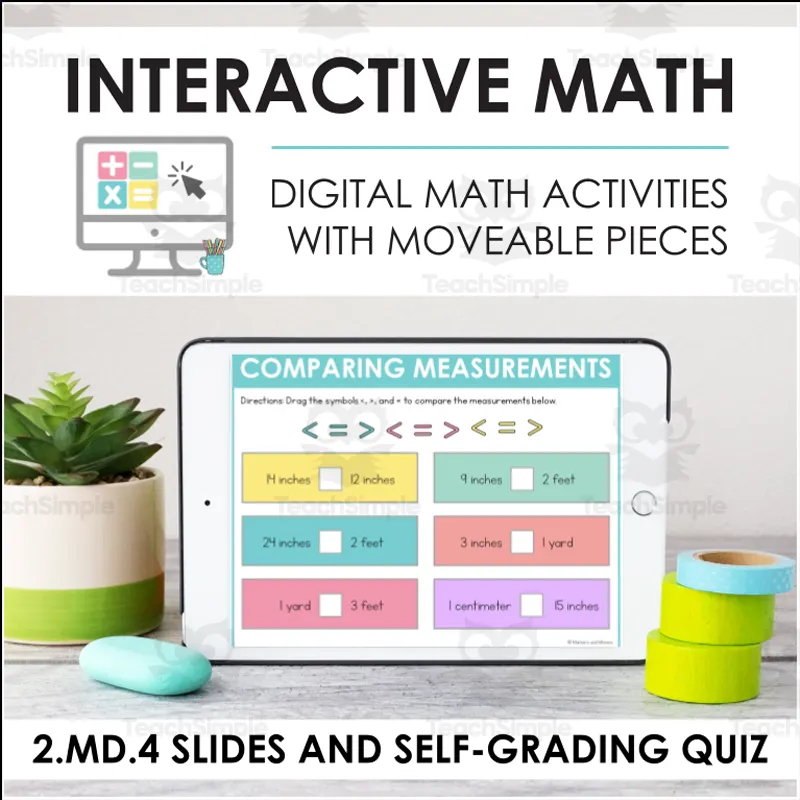 An educational teaching resource from Markers and Minions entitled Digital Math for 2.MD.4 - Measure and Estimate Lengths (Slides + Self-Grading Quiz) downloadable at Teach Simple.