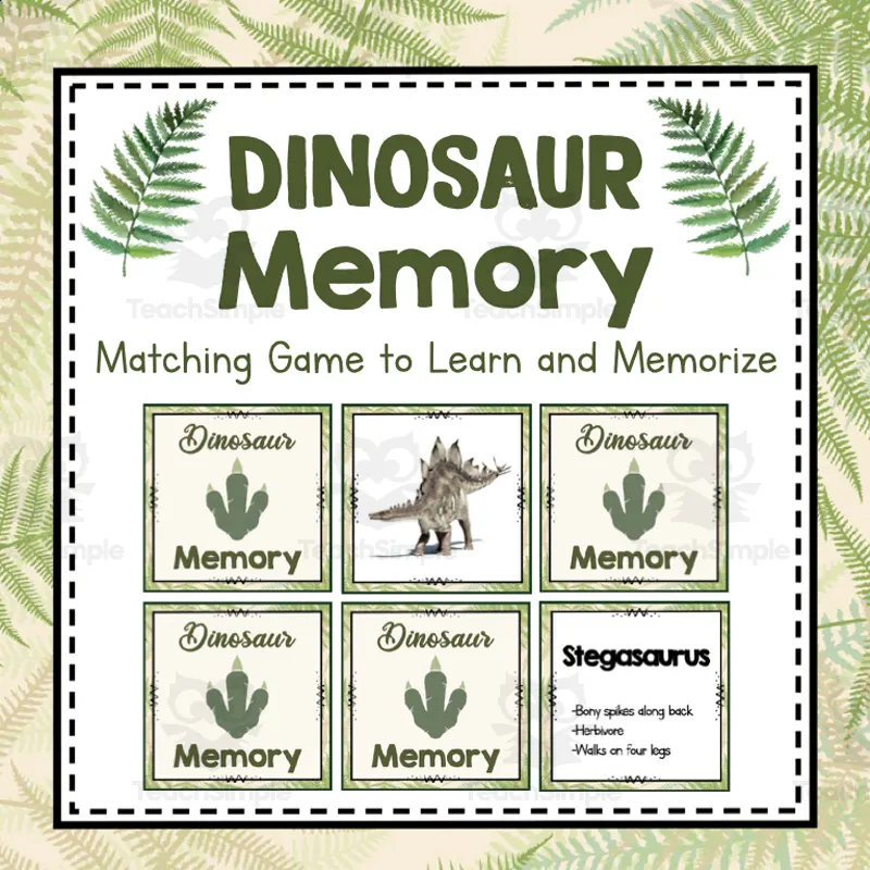 An educational teaching resource from Simply Schoolgirl entitled Dinosaur Memory Game downloadable at Teach Simple.