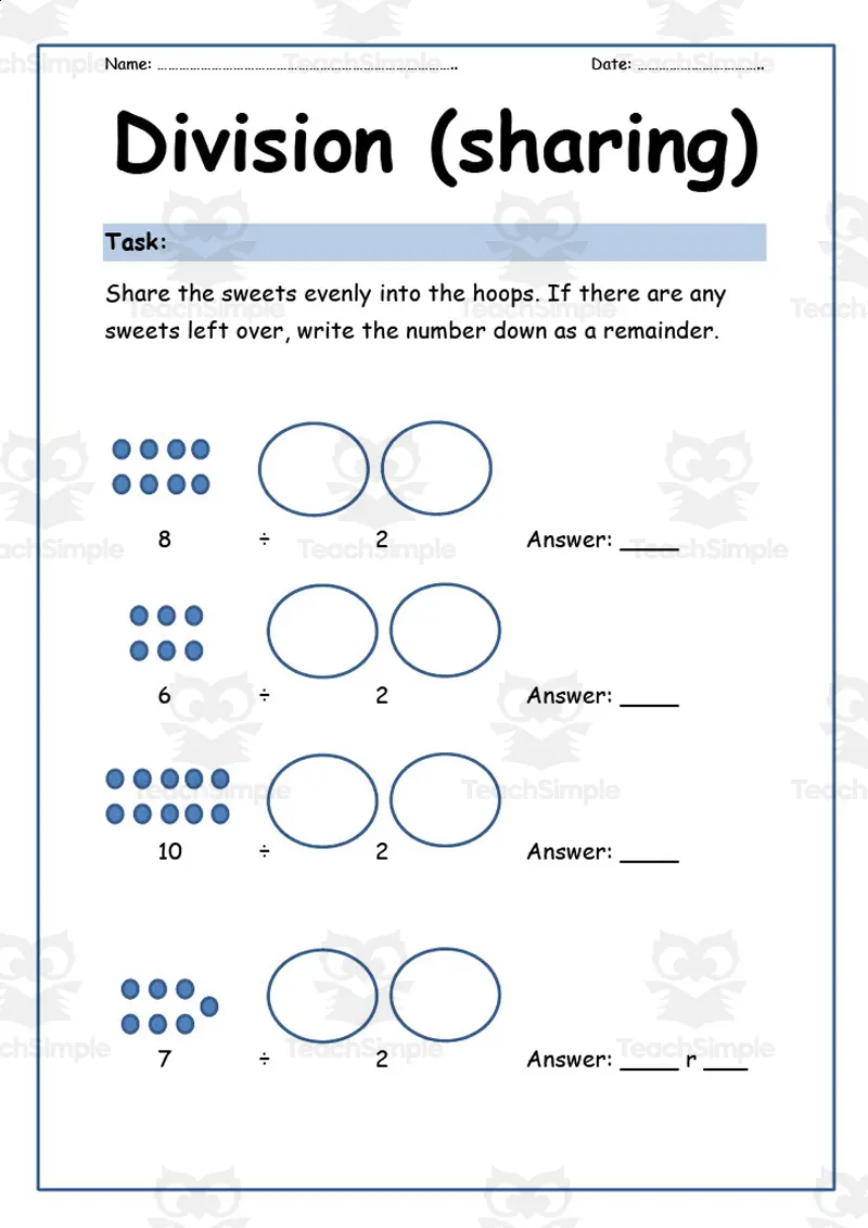 An educational teaching resource from Elementary Resources 4 U entitled Division Sharing Worksheet downloadable at Teach Simple.