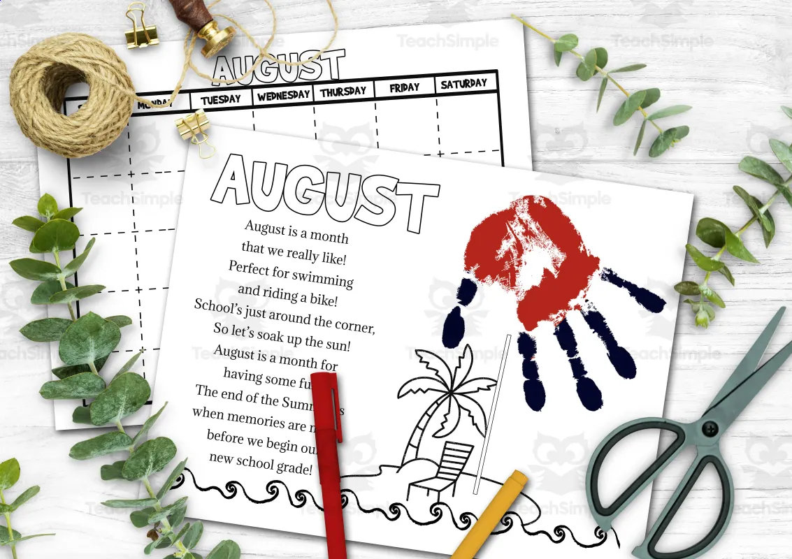 DIY Handprint Calendar AUGUST Poem Colouring Activity by Teach Simple DIY Handprint Calendar AUGUST Poem Colouring Activity by Teach Simple