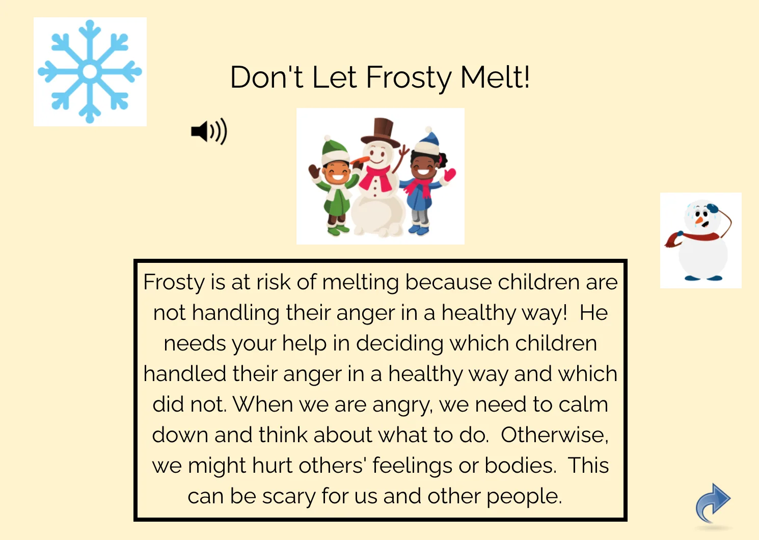 An educational teaching resource from Jennifer Moyer Taylor entitled Don't Let Frosty Melt! A Self-Regulation Boom Deck With Audio downloadable at Teach Simple.