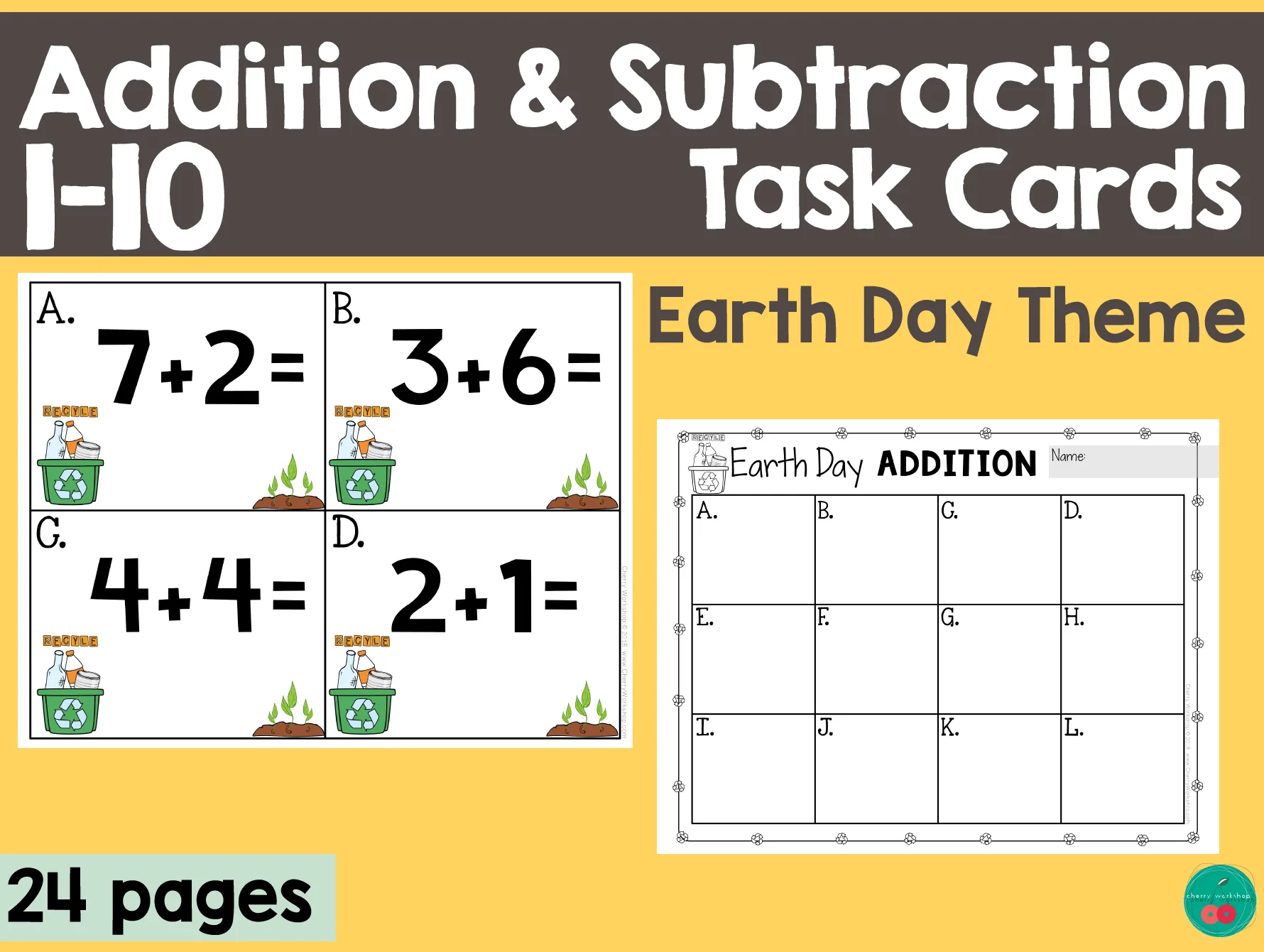An educational teaching resource from Cherry Workshop entitled Earth Day Addition & Subtraction Task Cards downloadable at Teach Simple.
