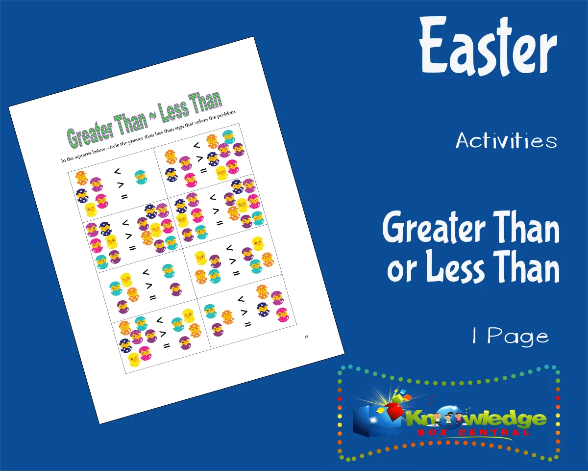 An educational teaching resource from Knowledge Box Central entitled Easter Activities: Greater Than or Less Than downloadable at Teach Simple.