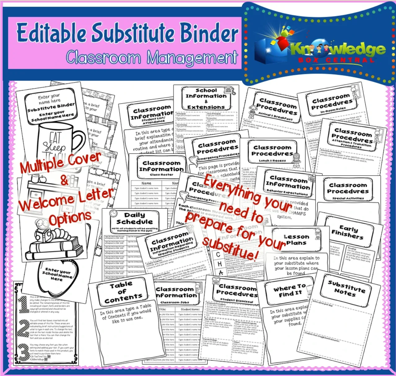 An educational teaching resource from Knowledge Box Central entitled Editable Substitute Binder - EBOOK downloadable at Teach Simple.