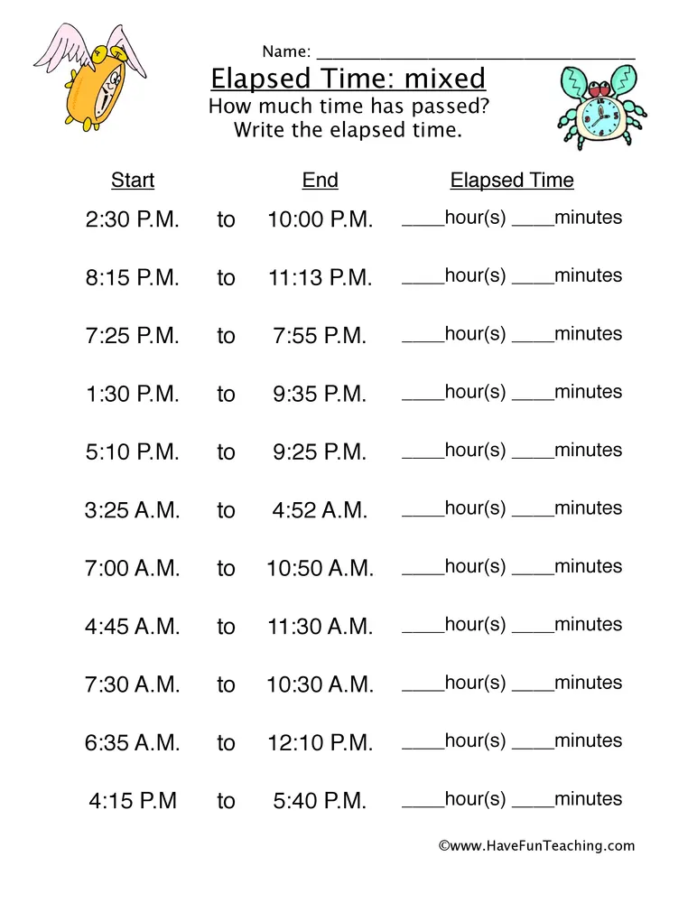 An educational teaching resource from Have Fun Teaching entitled Elapsed Time Mixed Worksheet downloadable at Teach Simple.