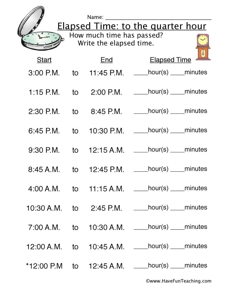 An educational teaching resource from Have Fun Teaching entitled Elapsed Time Quarter Hour Worksheet downloadable at Teach Simple.