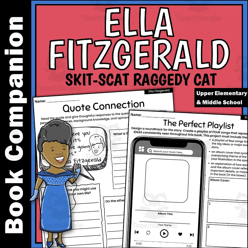 An educational teaching resource from Creatively Gifted entitled Ella Fitzgerald Skit-Scat Raggedy Cat Book Companion Activities downloadable at Teach Simple.