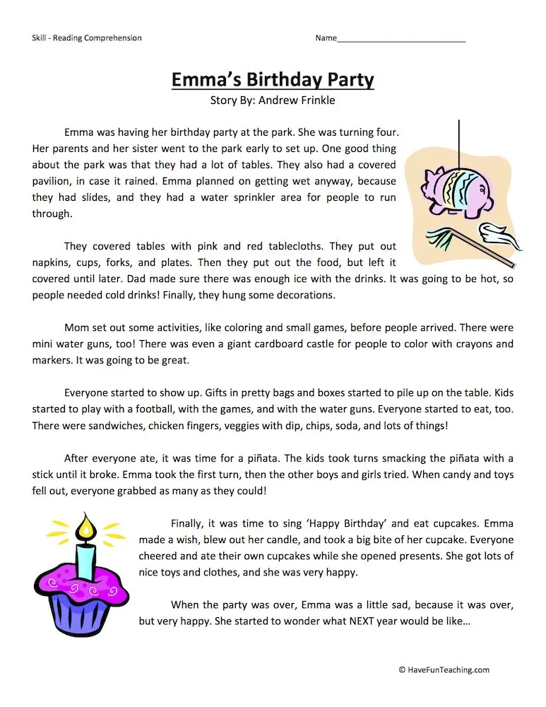 An educational teaching resource from Have Fun Teaching entitled Emma's Birthday Party - Reading Comprehension Worksheet downloadable at Teach Simple.