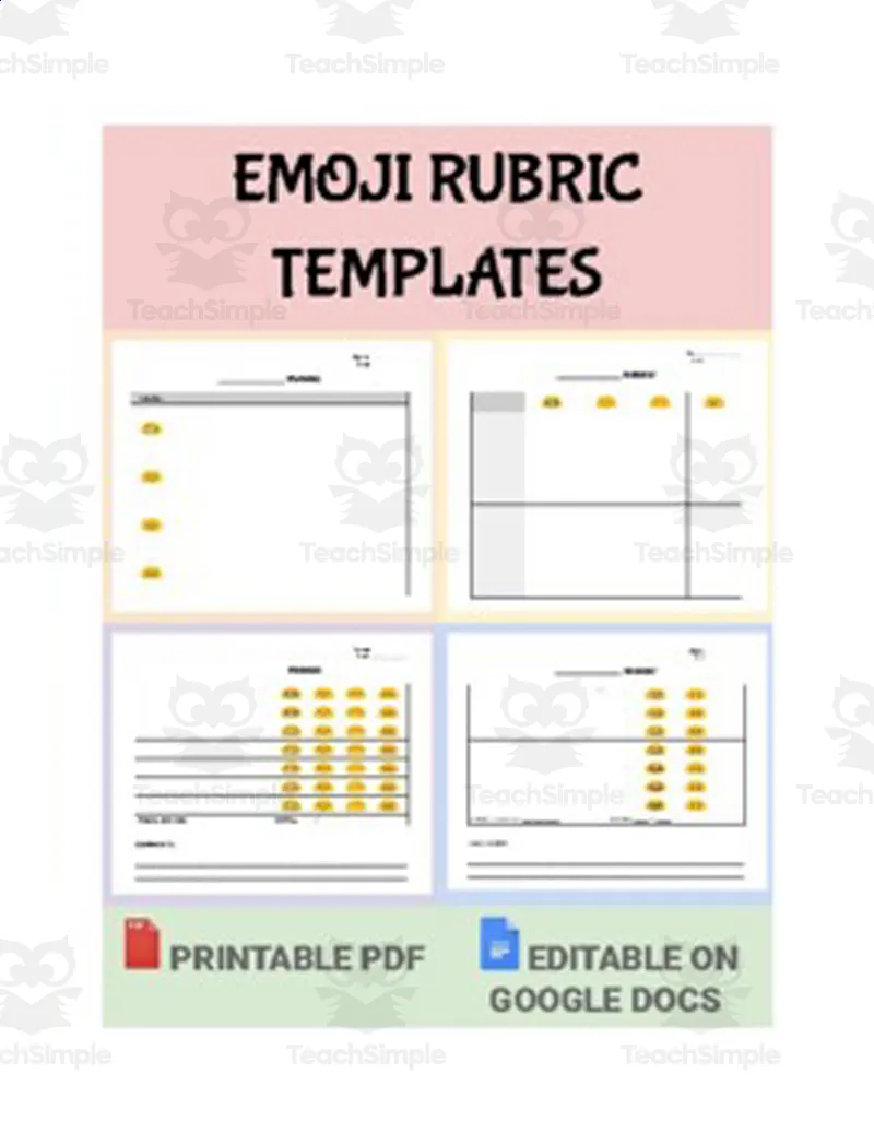 An educational teaching resource from Roombop entitled Emoji Rubric Template (Editable in Google Docs) downloadable at Teach Simple.