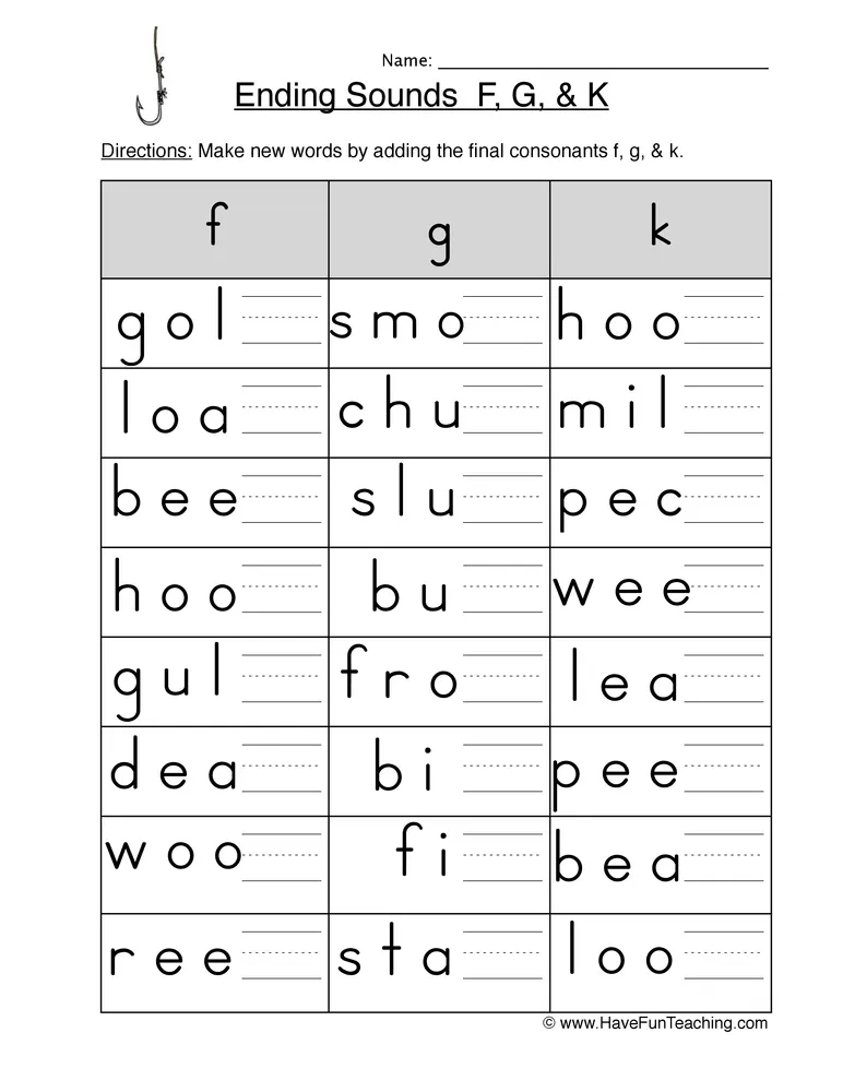 An educational teaching resource from Have Fun Teaching entitled Ending Sounds F G K Worksheet downloadable at Teach Simple.