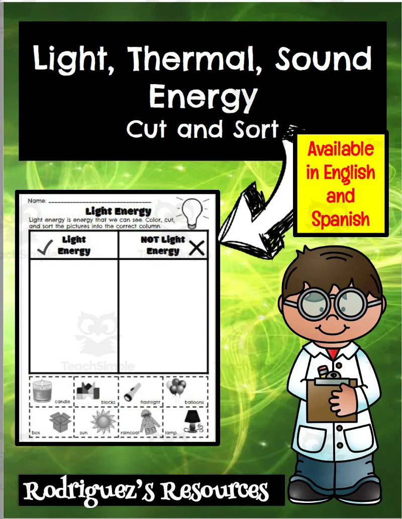 An educational teaching resource from Rodriguez's Resources entitled Energy: Light, Thermal, Sound (Spanish and English) downloadable at Teach Simple.