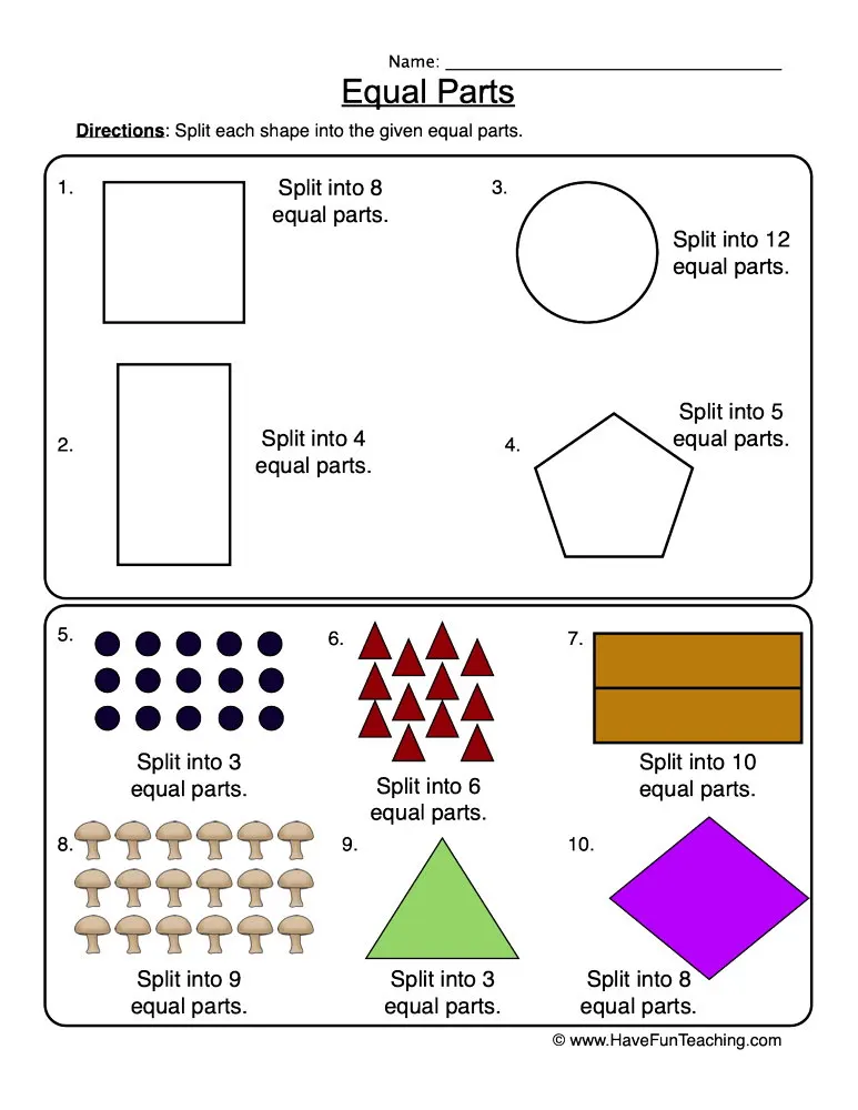 An educational teaching resource from Have Fun Teaching entitled Equal Parts Fractions Worksheet downloadable at Teach Simple.