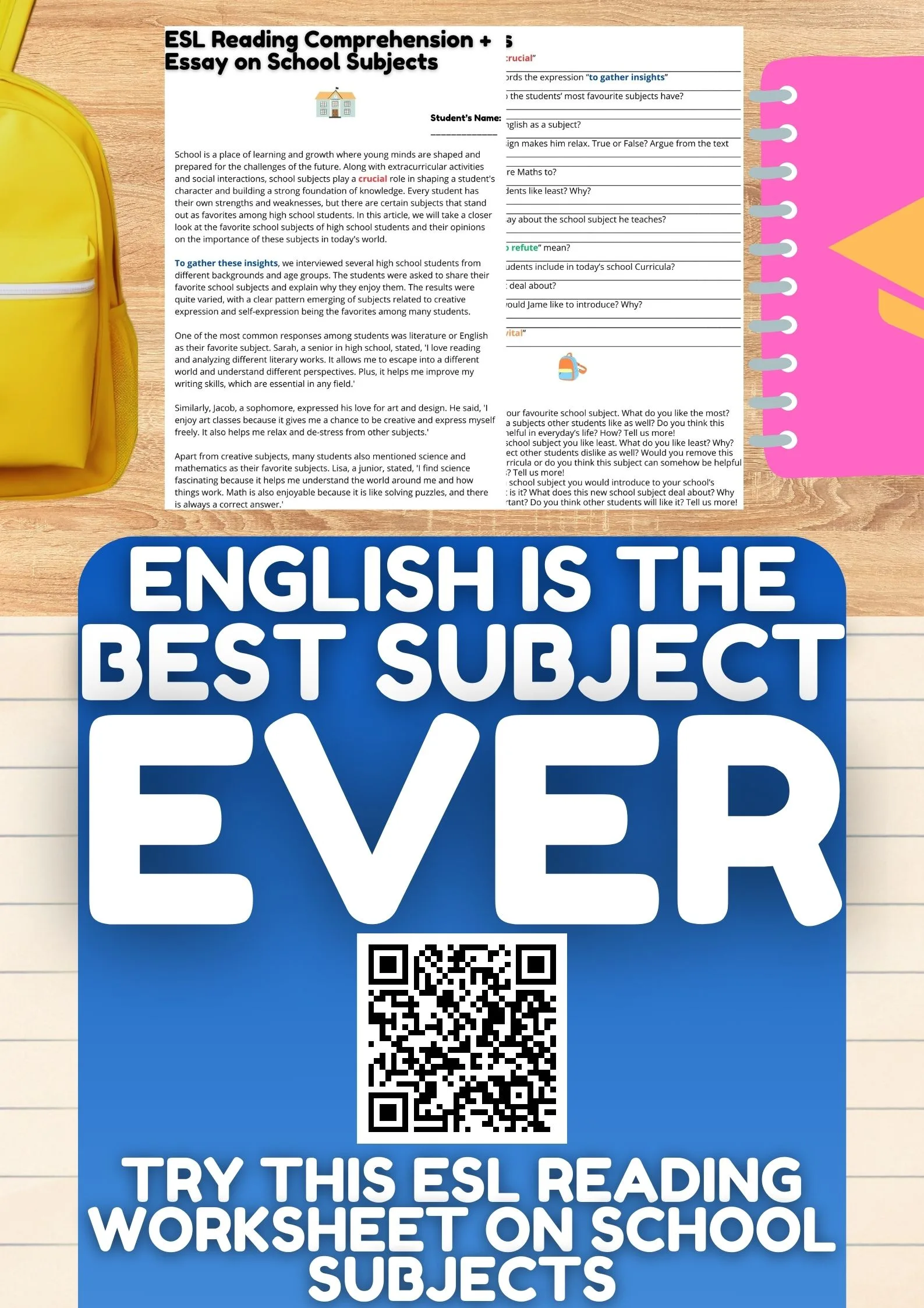 ESL Reading Comprehension + Writing on School Subjects Worksheets by Teach Simple