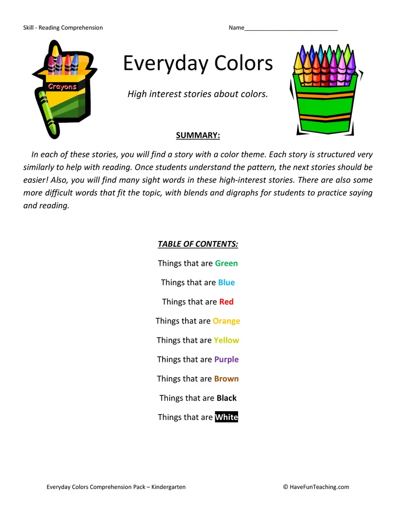 An educational teaching resource from Have Fun Teaching entitled Everyday Colors - Reading Comprehension Test Collection downloadable at Teach Simple.