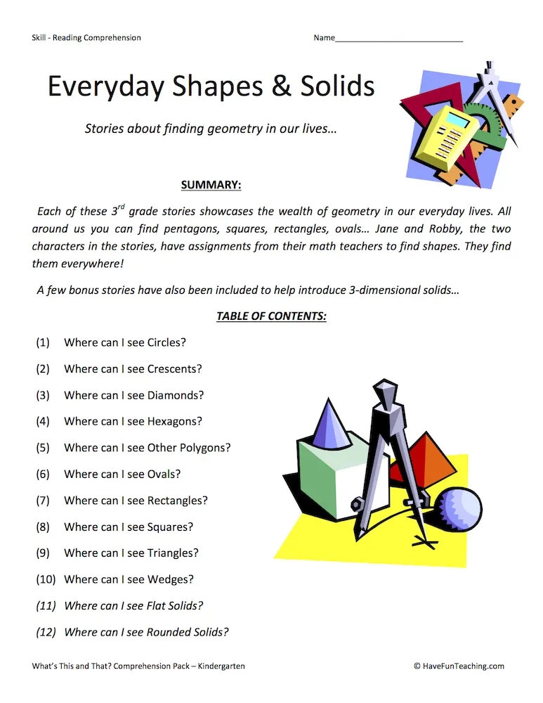 An educational teaching resource from Have Fun Teaching entitled Everyday Shapes &amp; Solids - Reading Comprehension Test Collection downloadable at Teach Simple.