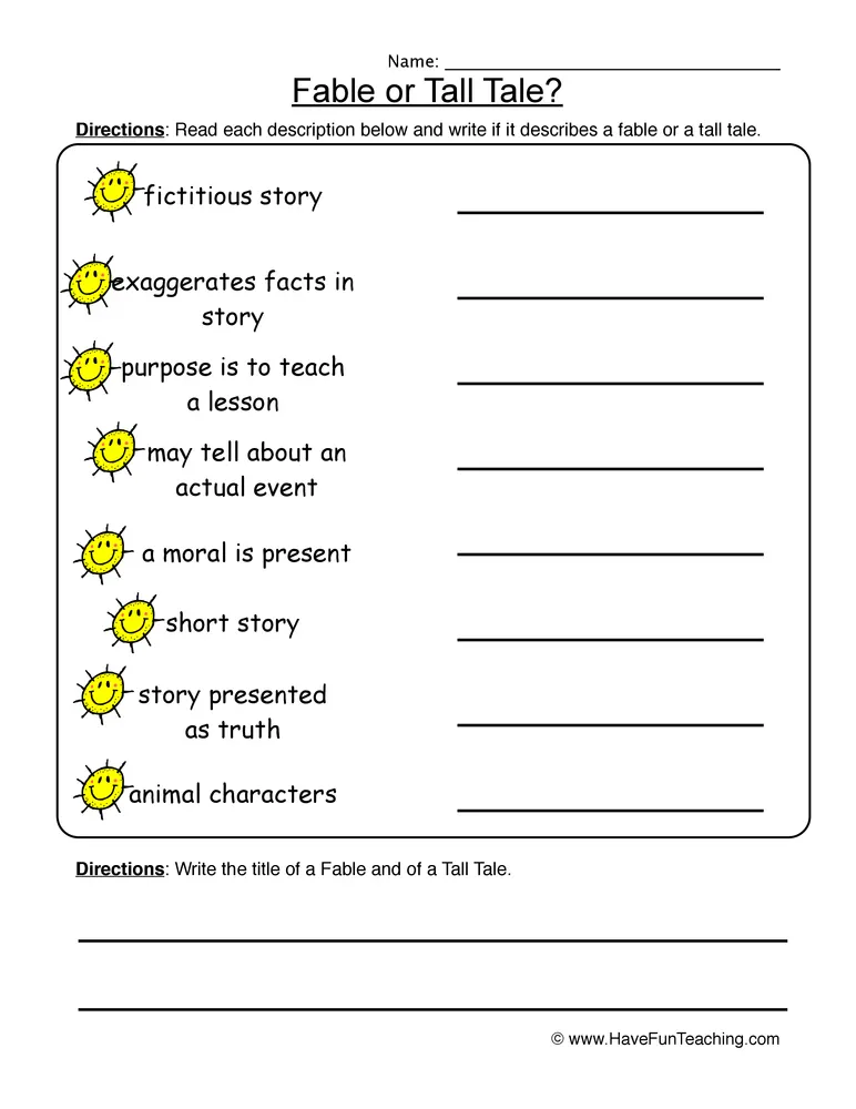 An educational teaching resource from Have Fun Teaching entitled Fables Tall Tales Worksheet downloadable at Teach Simple.