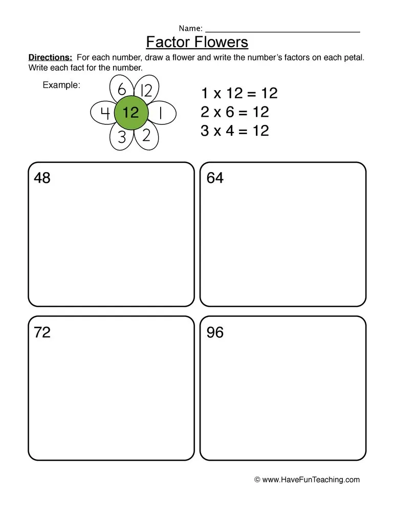 An educational teaching resource from Have Fun Teaching entitled Factor Flowers Worksheet downloadable at Teach Simple.