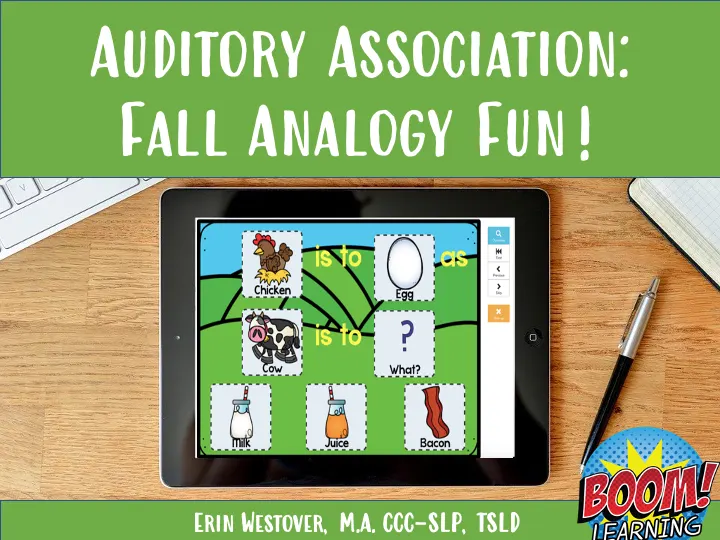 An educational teaching resource from The Tattooed Speechie entitled Fall Analogy Fun! - Auditory Association - BOOM Cards downloadable at Teach Simple.