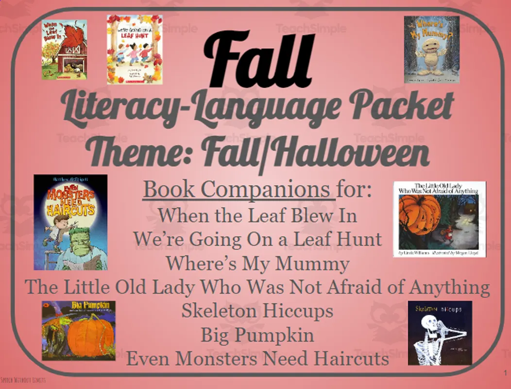 An educational teaching resource from Belleville Area Special Services Cooperative (BASSC) entitled Fall-Halloween Language/Book Companion Packet downloadable at Teach Simple.