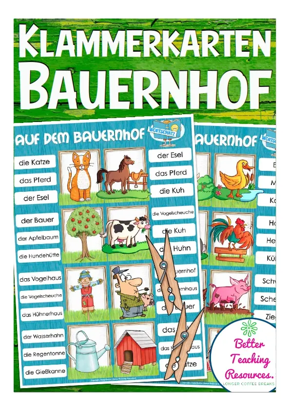 An educational teaching resource from Better Teaching Resources entitled Farm Clip Cards for Practicing Spelling & Vocabulary (German) downloadable at Teach Simple.