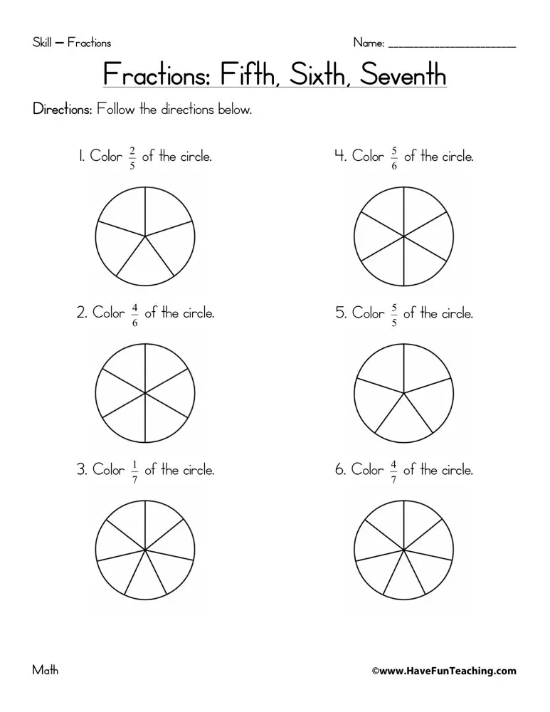 Fifths, Sixths, Sevenths Fractions Worksheet by Teach Simple