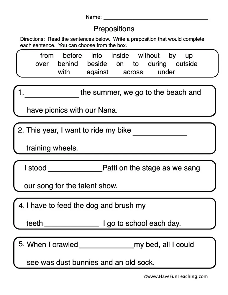 An educational teaching resource from Have Fun Teaching entitled Fill in the Blanks Prepositions Worksheet downloadable at Teach Simple.