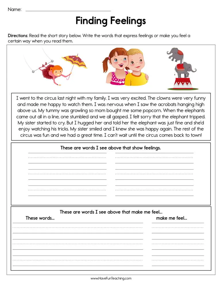 An educational teaching resource from Have Fun Teaching entitled Finding Feelings Worksheet downloadable at Teach Simple.