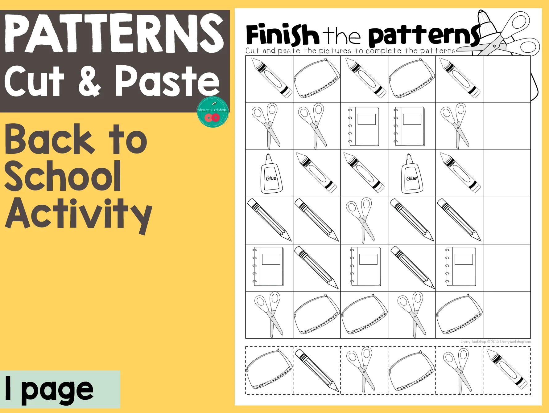 An educational teaching resource from Cherry Workshop entitled Finish the Pattern downloadable at Teach Simple.