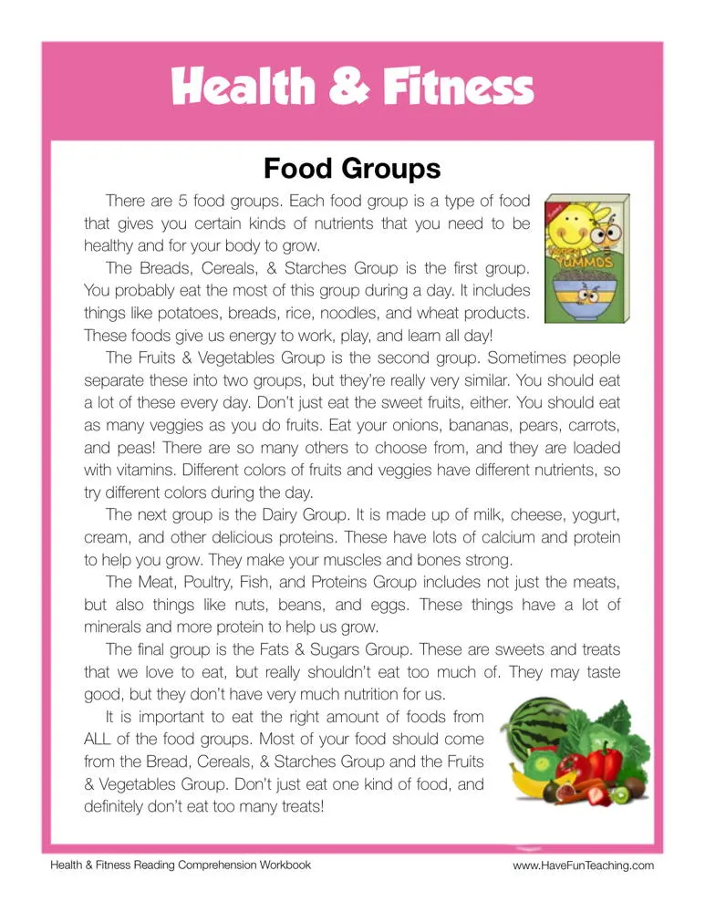 Food Groups Health and Fitness Reading Comprehension Worksheet by Teach ...