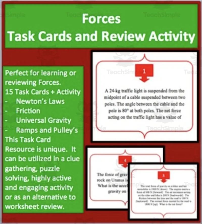 An educational teaching resource from Teach With Fergy entitled Forces (Dynamics) - Task Card Activity downloadable at Teach Simple.