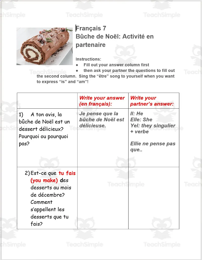 An educational teaching resource from Madame Murphy Comprehensible Culture entitled French: Bûche de Noel Christmas in France Partner Questions downloadable at Teach Simple.