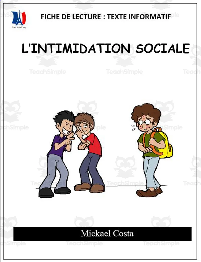 French Reading comprehension worksheets Intimidation sociale by Teach Simple