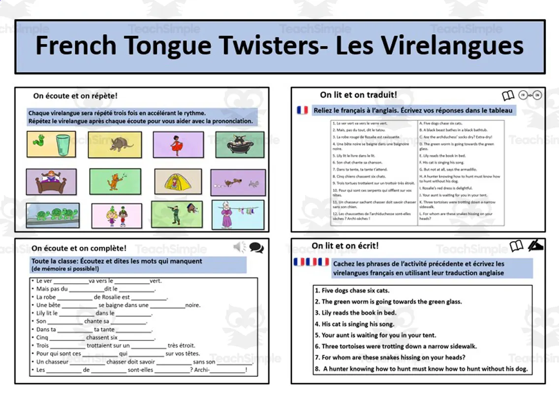 An educational teaching resource from Laprofdefrancais' Shop entitled French: Tongue Twisters- Activities downloadable at Teach Simple.