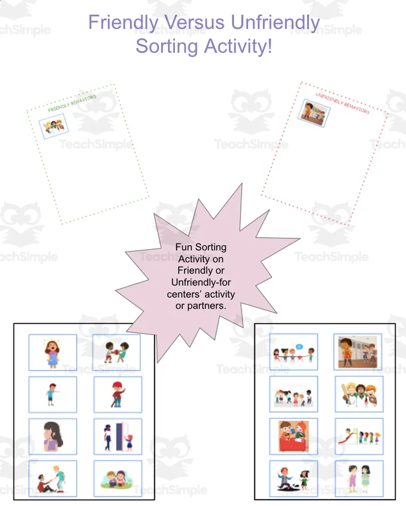 An educational teaching resource from Jennifer Moyer Taylor entitled Friendly Versus Unfriendly Behaviors SEL Sorting Activity downloadable at Teach Simple.