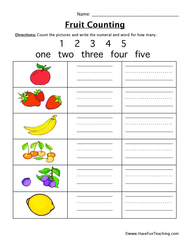 An educational teaching resource from Have Fun Teaching entitled Fruit Counting Worksheet downloadable at Teach Simple.