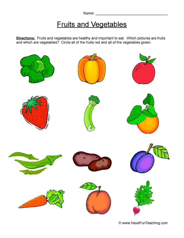 An educational teaching resource from Have Fun Teaching entitled Fruits and Vegetables Worksheet downloadable at Teach Simple.