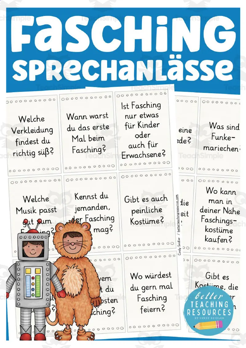 An educational teaching resource from Better Teaching Resources entitled German: Carnival Theme Speaking Card Set downloadable at Teach Simple.