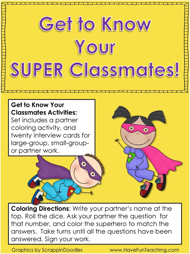 An educational teaching resource from Have Fun Teaching entitled Get to Know Your Super Classmates Back to School Activity downloadable at Teach Simple.