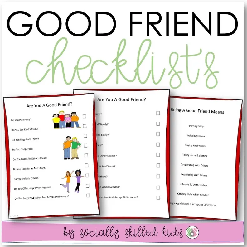 An educational teaching resource from Socially Skilled Kids entitled Good Friend Checklists, 12 Differentiated Checklists downloadable at Teach Simple.
